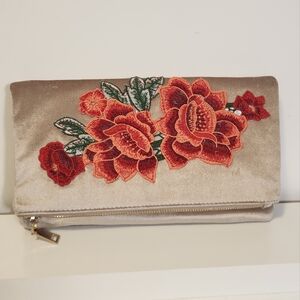 Urban Expressions Beige Clutch with Red Floral Embroidery